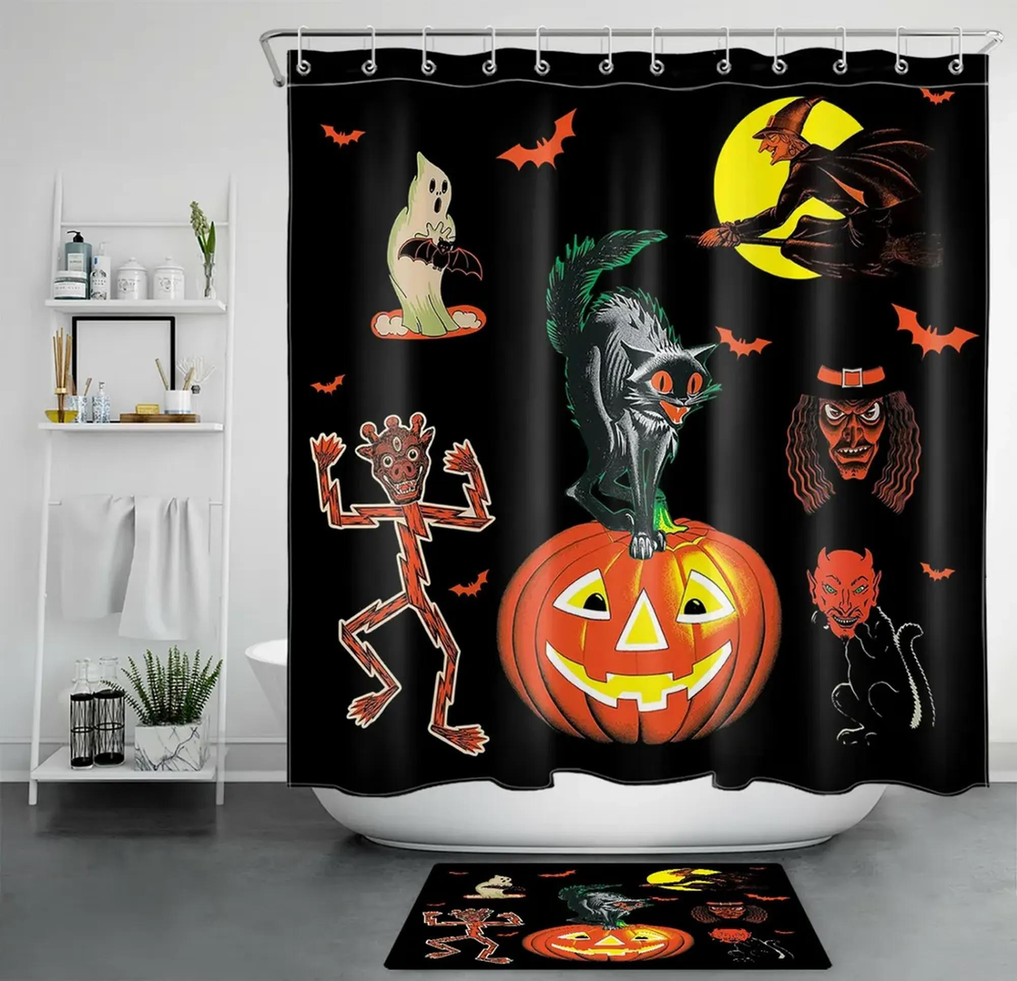 Spooky Halloween Shower Curtain Set - Cat Witch Pumpkin Ghost & Bat ...