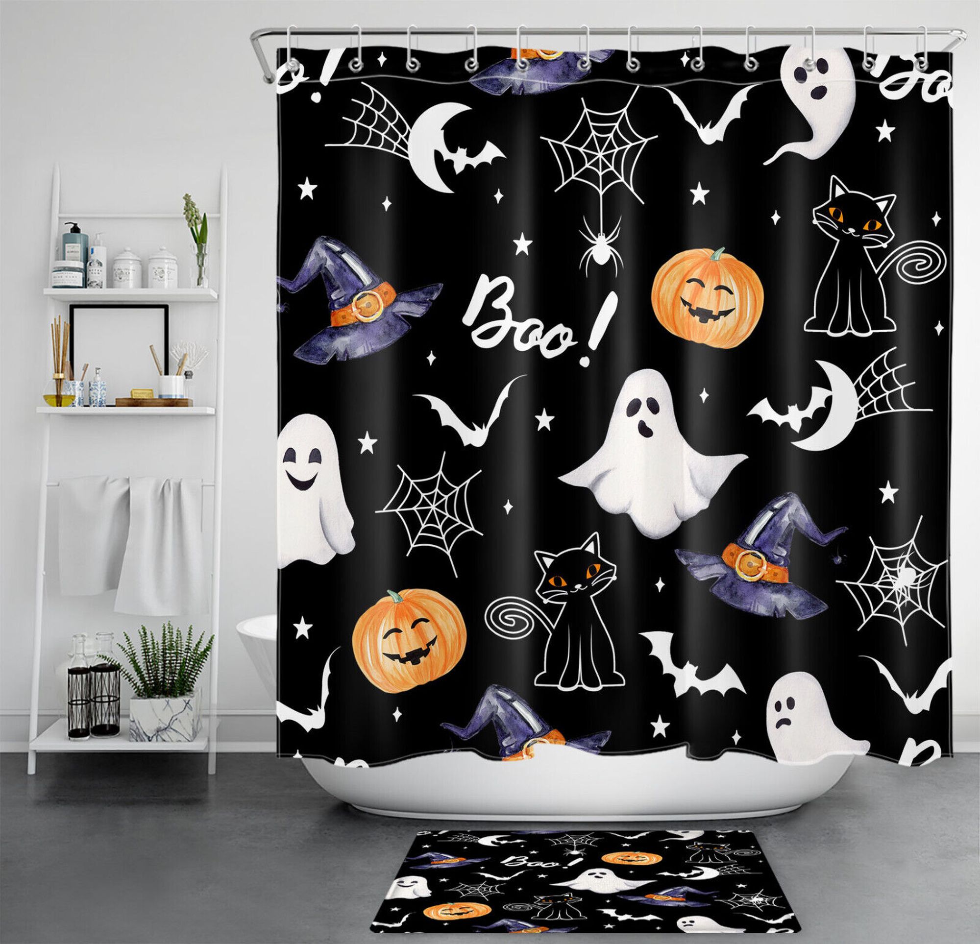 Spooky Halloween Shower Curtain Set with Spider s, Ghosts, Black Cats, and Bats Perfect