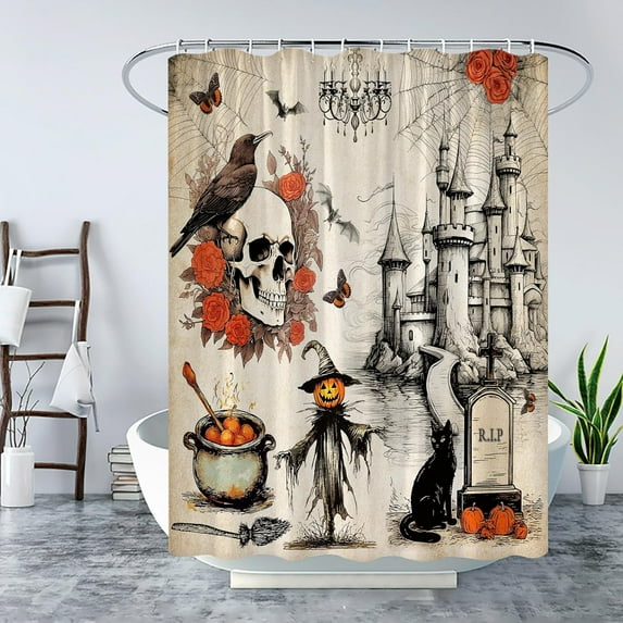 Spooky Halloween Shower Curtain Vintage Ghost Gothic Bat Scary Horror Alchemy Magic World Witch Pumpkin Witchcraft Skull Holiday Happy Halloween Night Fabric Bath Curtain Set with Hook