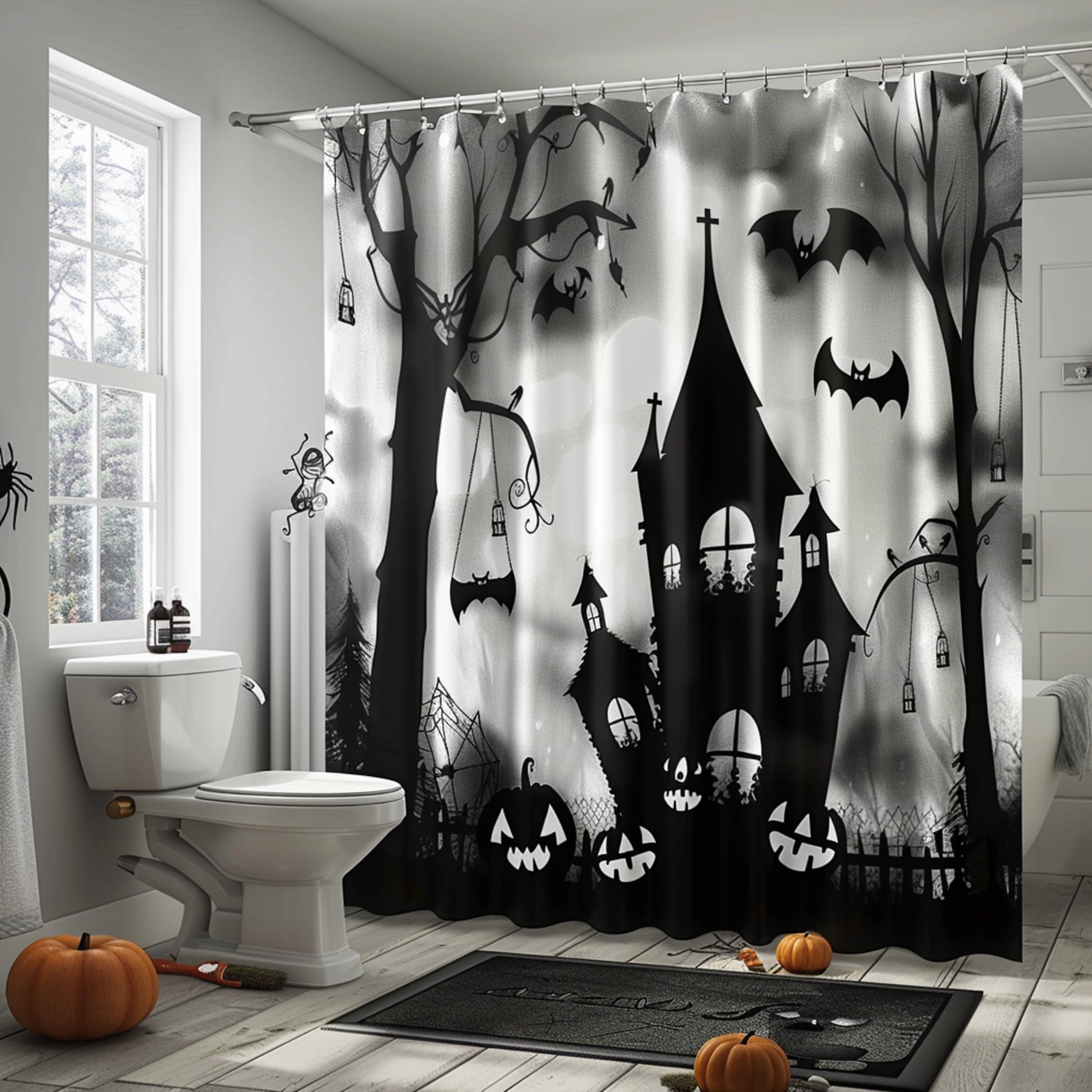 Spooky Halloween Shower Curtain With Ghostly Fog Effect Bat Print