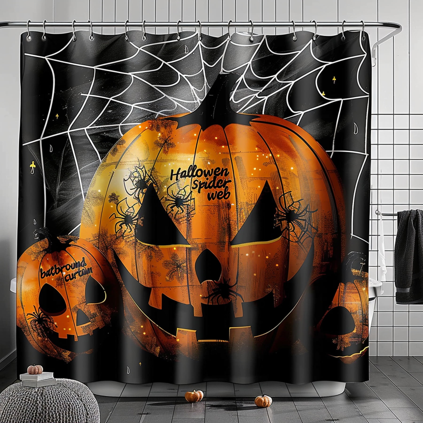 Spooky Halloween Shower Curtain with Pumpkin and Spider Web Design ...