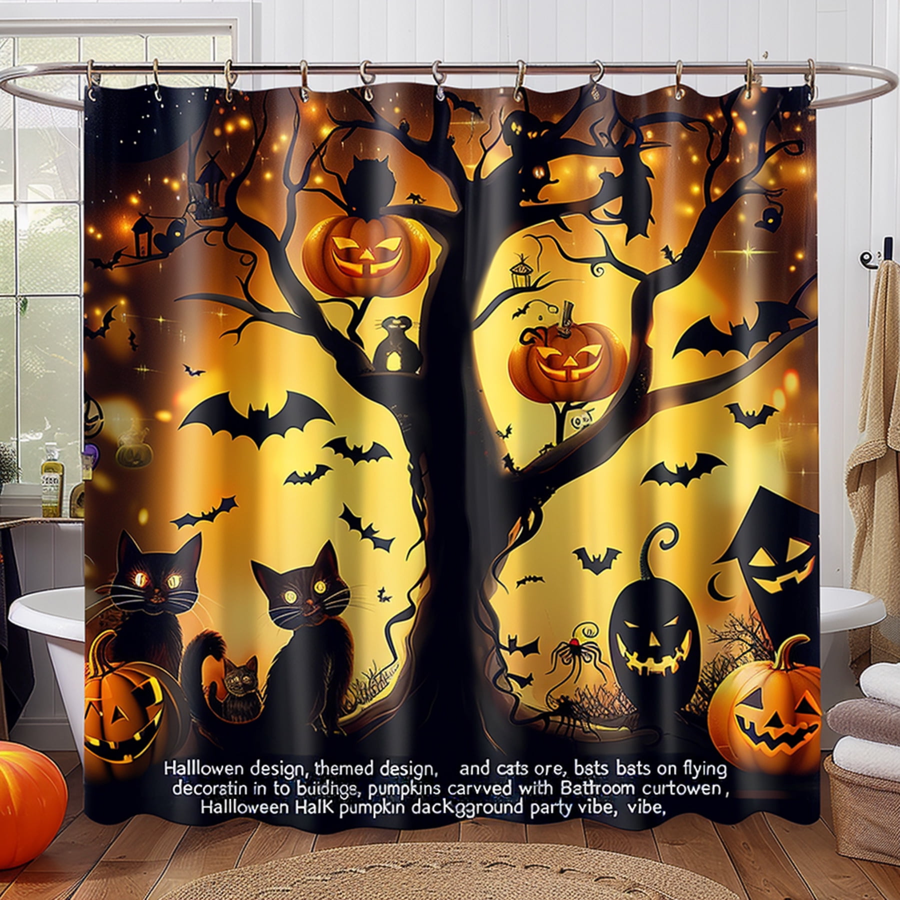 Spooky Halloween Shower Curtain With Pumpkins Cats Bats Orange And