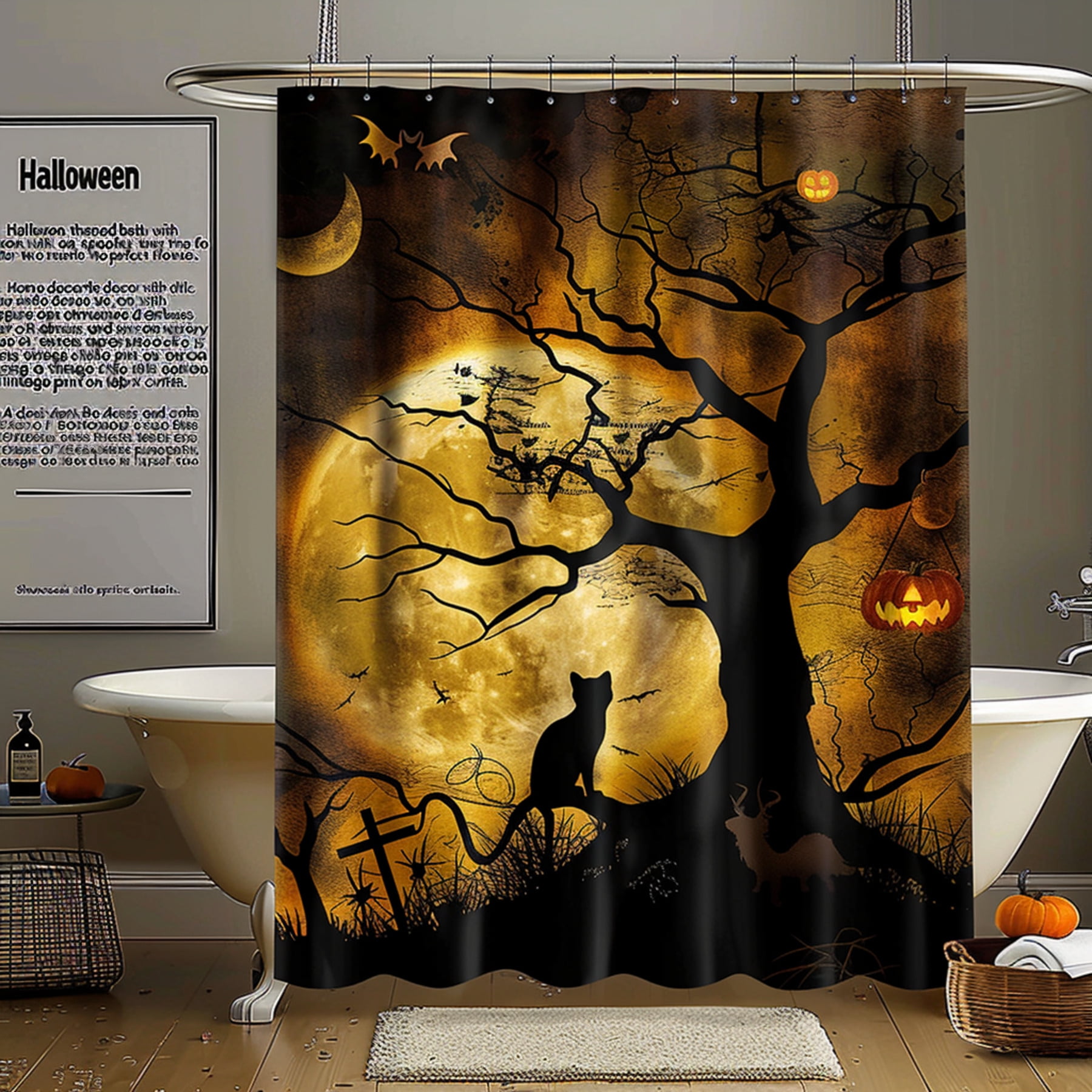 Spooky Halloween Shower Curtain with Spooky Tree Full Moon and Cat