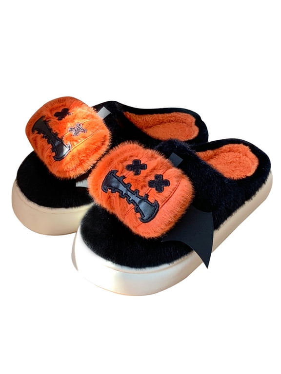 Spooky Halloween Slippers for Men Women, Gothic House Shoes with 3D Pumpkin and Bat Wings, Warm Cozy Unisex Clogs, Chunky Platform Backless Indoor Mules