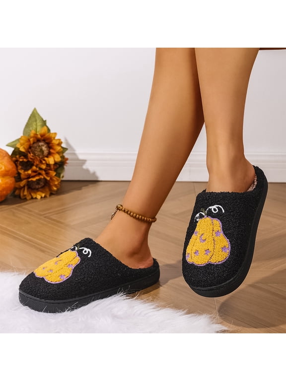 Spooky Halloween Slippers for Women, Cute Pumpkin Printed Comfy House Shoes for Fall, Cozy Gothic Closed Toe Slip On Warm Indoor Slides