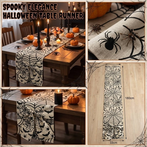 Spooky Halloween Spider Web & Bat Table Runner 13"x70", Halloween Themed Dining Table Decor Cloth, Reusable Table Linen for Kitchen Indoor Halloween Party Decorations