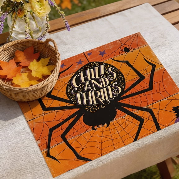 Spooky Halloween Spider Web Linen Placemats, Thick Heat Proof Dining Table Mats, Orange Festive Holiday Table Setting Accessories for Restaurant & Home