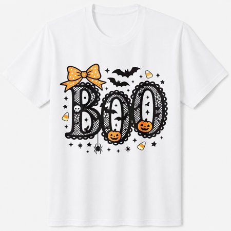 SIXLON Spooky Halloween T-Shirt, Boo Leopard Print Bow, Seasonal Graphic Short Sleeve Casual Tee