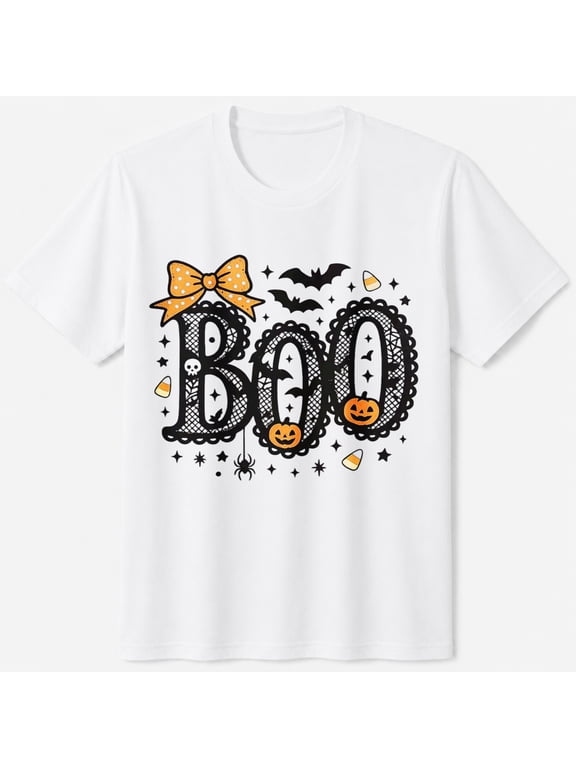 Spooky Halloween T-Shirt, Boo Leopard Print Bow, Seasonal Graphic Short Sleeve Casual Tee
