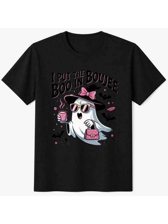 Spooky Halloween T-Shirt, Boujee Ghost with Bow and Drink, Seasonal Graphic Short Sleeve Casual Tee