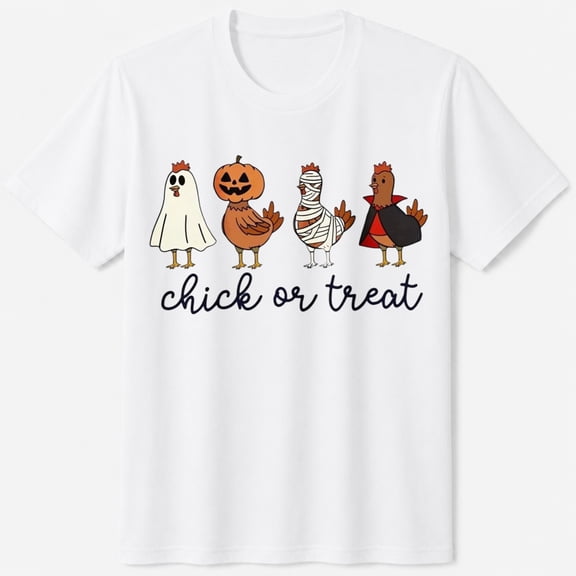 Spooky Halloween T-Shirt, Chick or Treat Halloween Chickens, Seasonal Graphic Short Sleeve Casual Tee