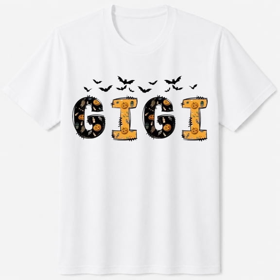 Spooky Halloween T-Shirt, Gigi Halloween Pumpkin and Bats, Seasonal Graphic Short Sleeve Casual Tee