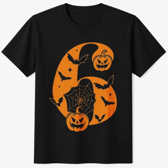Spooky Halloween T-Shirt, Orange Moon Bats and Pumpkins, Seasonal Graphic Short Sleeve Casual Tee