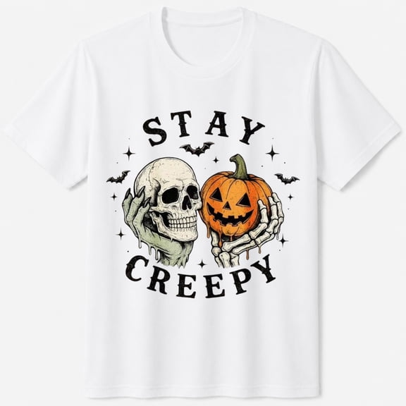Spooky Halloween T-Shirt, Stay Creepy Skull and Pumpkin, Seasonal Graphic Short Sleeve Casual Tee