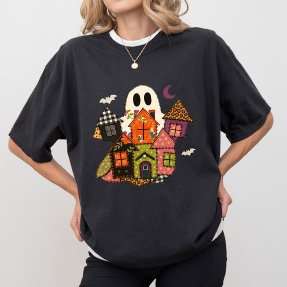 Spooky Halloween T-Shirt,Vintage Patchwork Ghost Top,Witchy Clothing, Halloween Graphic Tees, Comfort Colors Tops,Causal,cotton,black,S-5XL
