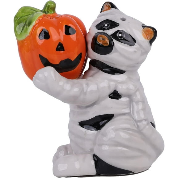 Spooky Halloween Table Accessories by Servette Home-Grey Cat & Pumpkin Salt and Pepper Shakers