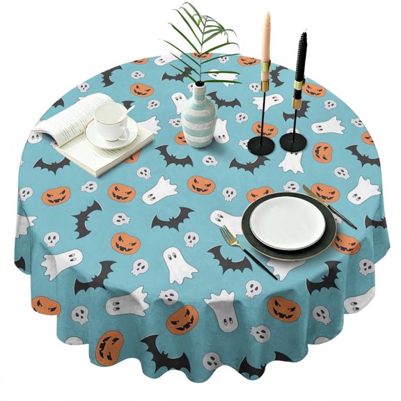 Spooky Halloween Tablecloth 60 Inch Round - Waterproof Washable Gothic Skull Spider Web Print Table Cover