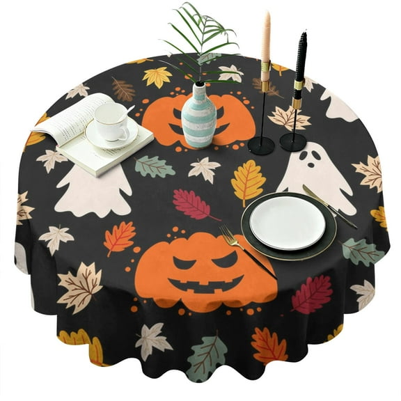 Spooky Halloween Tablecloth 60 Inch Round - Waterproof Washable Gothic Skull Spider Web Print Table Cover