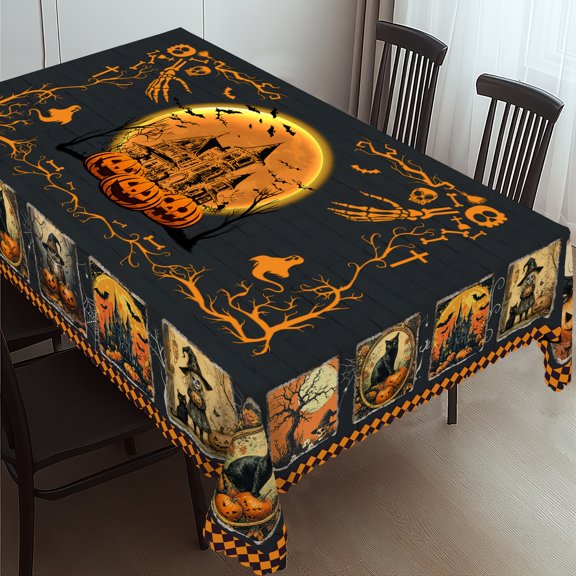 Spooky Halloween Tablecloth - Gothic Halloween Party Decorations with Black Cats, Pumpkins,Bats - Easy-Clean Polyester Table Cover for Dining,Kitchen,Haunted House - Perfect Halloween Decoration Gift