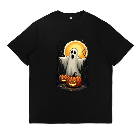 Spooky Halloween Tee Ghost Pumpkin Moon Design T Shirt Vintage Retro Graphic Tees Soft Cotton Tops Black S-5XL