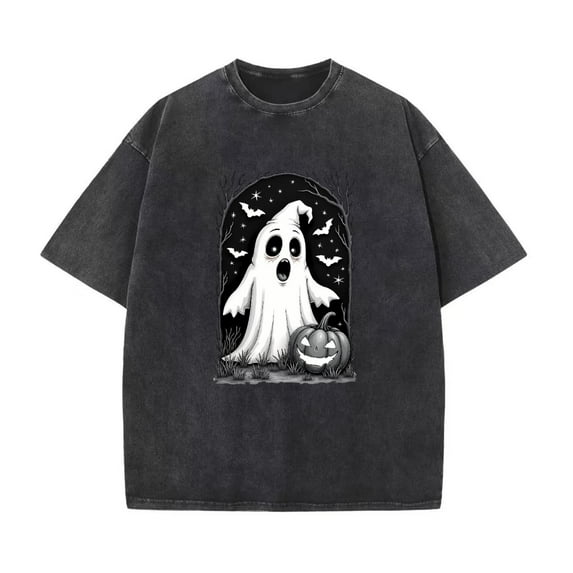Spooky Halloween Tee Washed Pumpkin T Shirt Vintage Retro Graphic Tees Tops Commuting Black S-2XL Plus Size