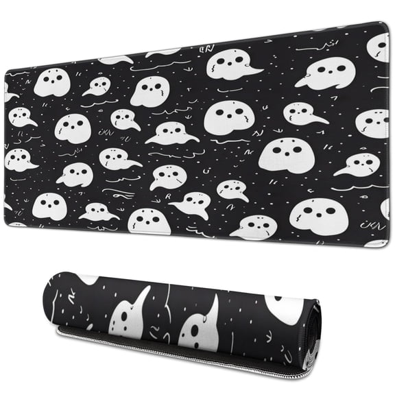 Spooky Halloween-Themed Ghost Mouse Pad Kawaii Cartoon, Large Extended Desk Mat, Non-Slip Base, Stitched Edge For Gaming, Laptop, Gaming Mouse Pad Desktop 31.5x11.8 Inch