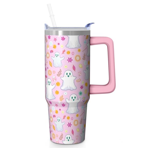 Spooky Halloween Tumbler, Pumpkin Bat Cup with Handle and Straw 30oz, Insulated Water Bottle Gift