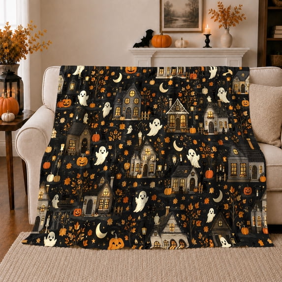 Spooky Halloween Village Scene, Festive Halloween Scene, Warm Flannel Blanket for Living Room and Reading Nook with Detailed Artwork, Art Lovers Halloween Gift, Festive Home Decor