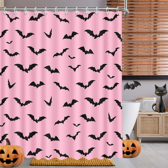 Spooky Halloween Waterproof Shower Curtain Decor Halloween Black Bats Pink Shower Curtains Waterproof Fabric Shower Curtain Set Bath Decor with Hooks 60"W x 72"L (Pack of 1)