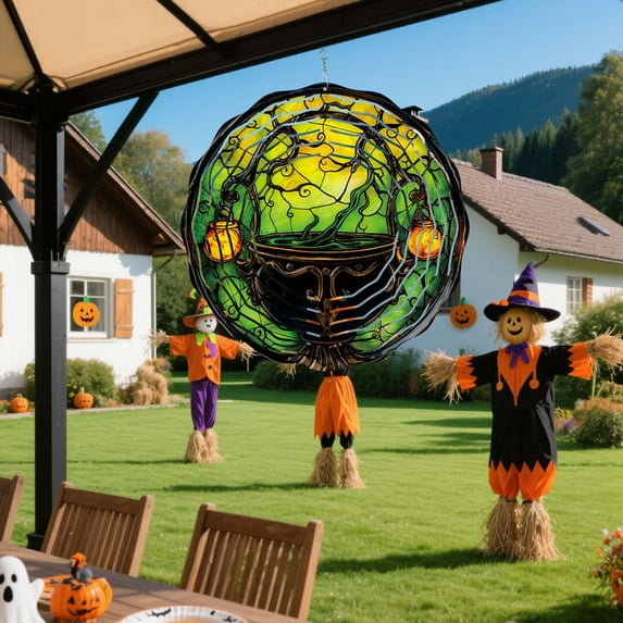 Spooky Halloween Wind Chime with Rotating Bats and Pumpkins for Outdoor Hanging - Colorful Courtyard Decor with PVC Accents