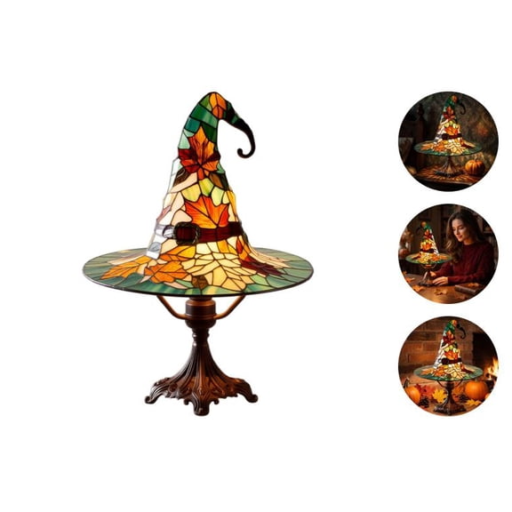 Spooky Halloween Witch Hat Lamp, Tiffany Style Stained Glass Table Light with Fall Foliage Design, Unique Gothic Accent Lighting for Party Decoration and Nightstand