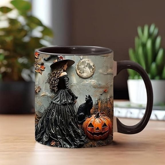 Spooky Halloween Witch Mug Gothic Halloween Cup with Witch Pumpkin Cauldron 11oz Ceramic Coffee Tea Cup Halloween Party Decorations Witchcraft Gifts W
