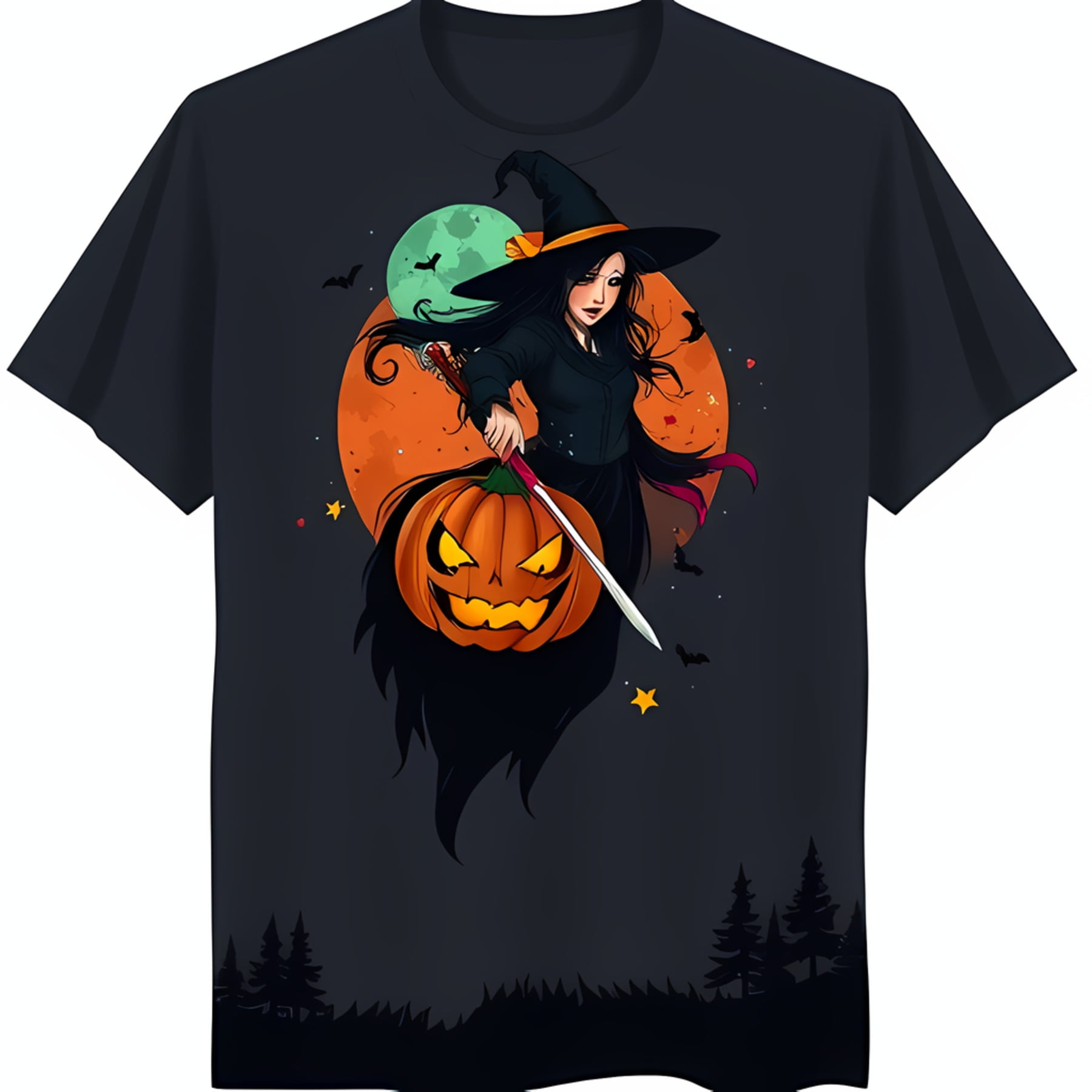 Spooky Halloween Witch T-Shirt Black Tee with Wielding Witch on Pumpkin ...