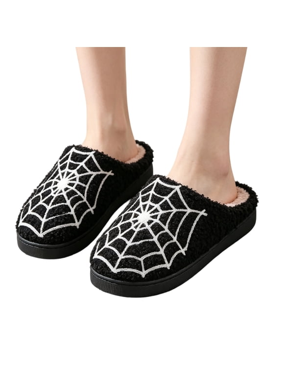 Spooky Halloween Women's Slippers, Gothic House Shoes with Embroidered Spider Web, Cozy Warm Platform Mules for Fall Winter, Backless Indoor Slides