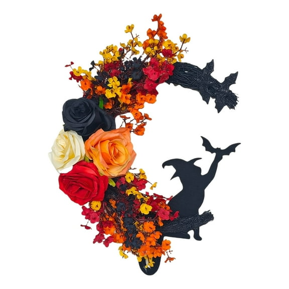 Spooky Halloween Wreath for Front Door - 14 Inch Crescent Moon Wreath with Black Cat, Bat & Rose Flower, Hanging Door Sign Garland for Home, Party, Wall, Window Indoor Outdoor Decoration
