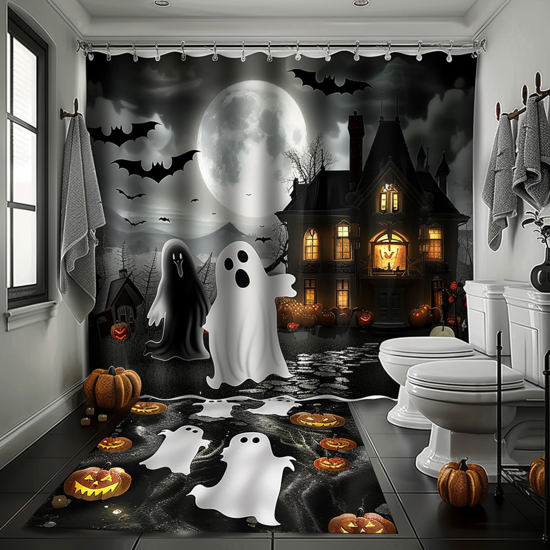 Spooky Halloweenthemed shower curtain featuring ghosts and bats in a