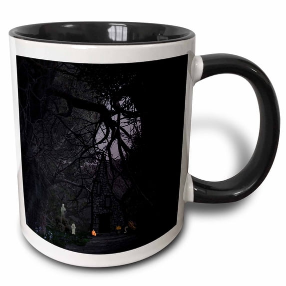 3drose, Spooky Haunted Cottage in the Woods, Ghosts, Coffins, Pumpkins, Pot, 15oz Two-tone Black Mug