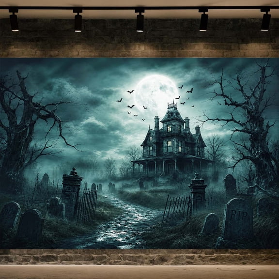 Spooky Haunted House Backdrop - Creepy Graveyard Full Moon Night Background with Tombstones and Bats for Halloween Cosplay, Horror Themed Photoshoots, Studio Decor Banner,7x5FT
