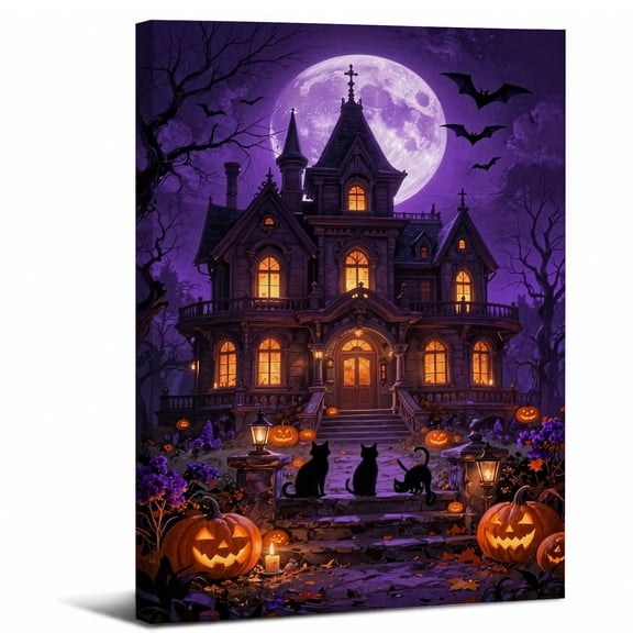Spooky Haunted House Canvas Wall Art Framed,Dark Gothic Halloween Aesthetic Landscape canvas print for bathroom bedroom or living room decor,8x12in