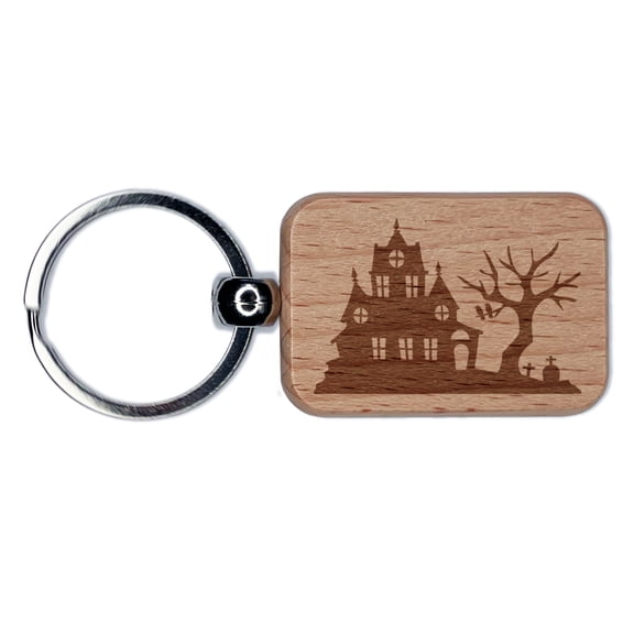 Spooky Haunted House Halloween Grave Stones Rectangle Keychain Charm Tag - Engraved Wood