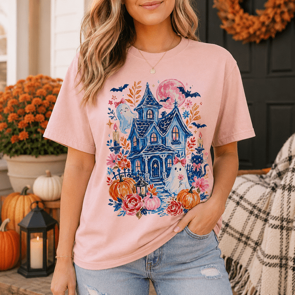 Spooky Haunted House Halloween T-Shirt, Cute Ghost Pumpkin Graphic Tee, Retro Fall Shirt, Spooky Season Apparel Gift - Blossom, 3XL