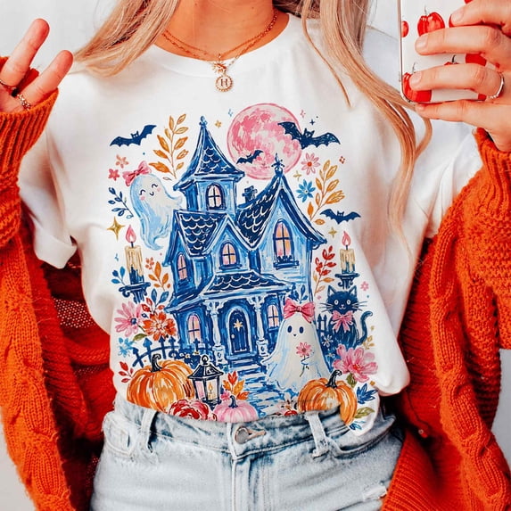 Spooky Haunted House Halloween T-Shirt, Cute Ghost Pumpkin Graphic Tee, Retro Fall Shirt, Spooky Season Apparel Gift - White, L