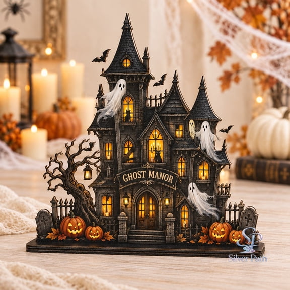 Spooky Haunted House Wooden Block, Ghost Manor Spirits and Pumpkins Shelf Sitter for Halloween