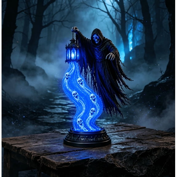 Spooky Haunted Reaper Spirit Lamp LED Blue Glowing Ghost Statue Halloween Mantel Shelf Entryway Gothic Party Table Centerpiece