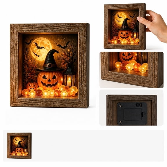 Spooky Home Decor, Halloween Lantern, Witch Hat Decor, Led Night Light, 8X8 Inch Illuminated Witch Pumpkin Shadow Box Picture Frame, Equipped with Button Battery for Fall