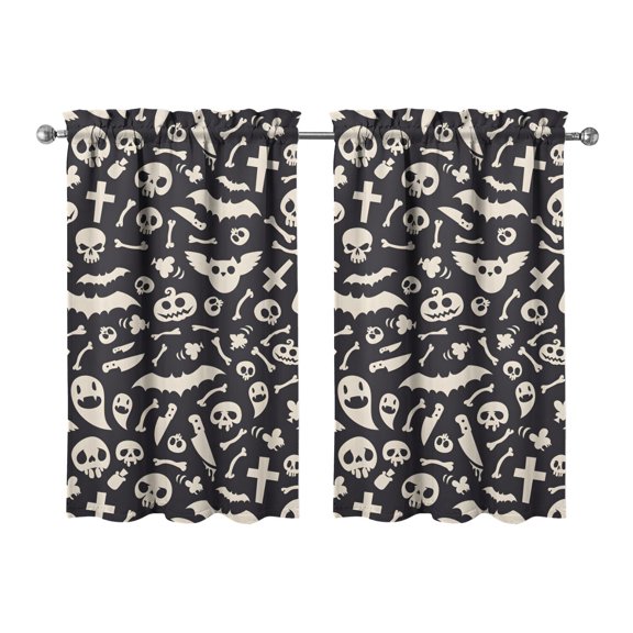 Spooky Horror Themed 2 PCS Tier Curtains with Skull and Bat Print, Vintage Style Semi-Sheer Window Treatment Panels 27.5x39in(70x99cm)Kitchen Curtains