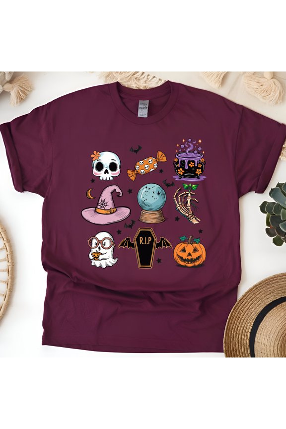 Spooky Icons Graphic T-Shirt | Cute Skull Pumpkin Ghost Print Tee, Maroon, Size S