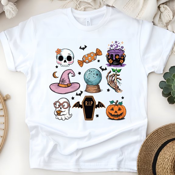 Spooky Icons Graphic T-Shirt | Cute Skull Pumpkin Ghost Print Tee, White, Size S