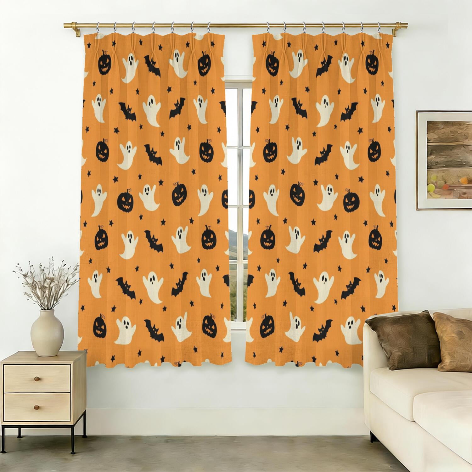 Spooky Icons Halloween Pattern Pinch Pleat Semi Sheer Linen Curtains ...