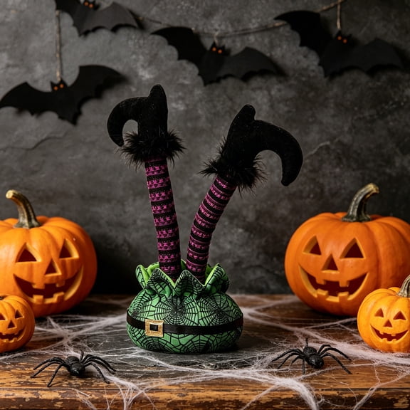 Spooky Inverted Witch Leg Tabletop Centerpieces with Realistic Witch Feet Details, Fun Decorative Props for Halloween Parties, Ornamental Figurines for Dining Tables/Shelves/Holiday Indoor, Green